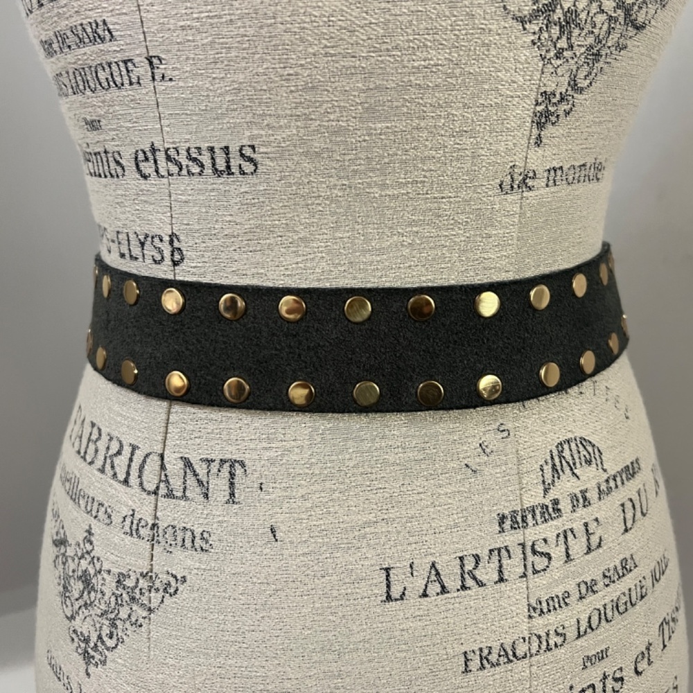 VINTAGE 80s Sage/Olive Suede Gold Tone Bling Studded Fashion Belt - unique! - Picture 5 of 14
